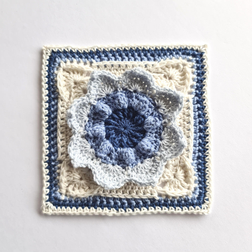 Charlene granny square crochet pattern by Shelley Husband blues and cream