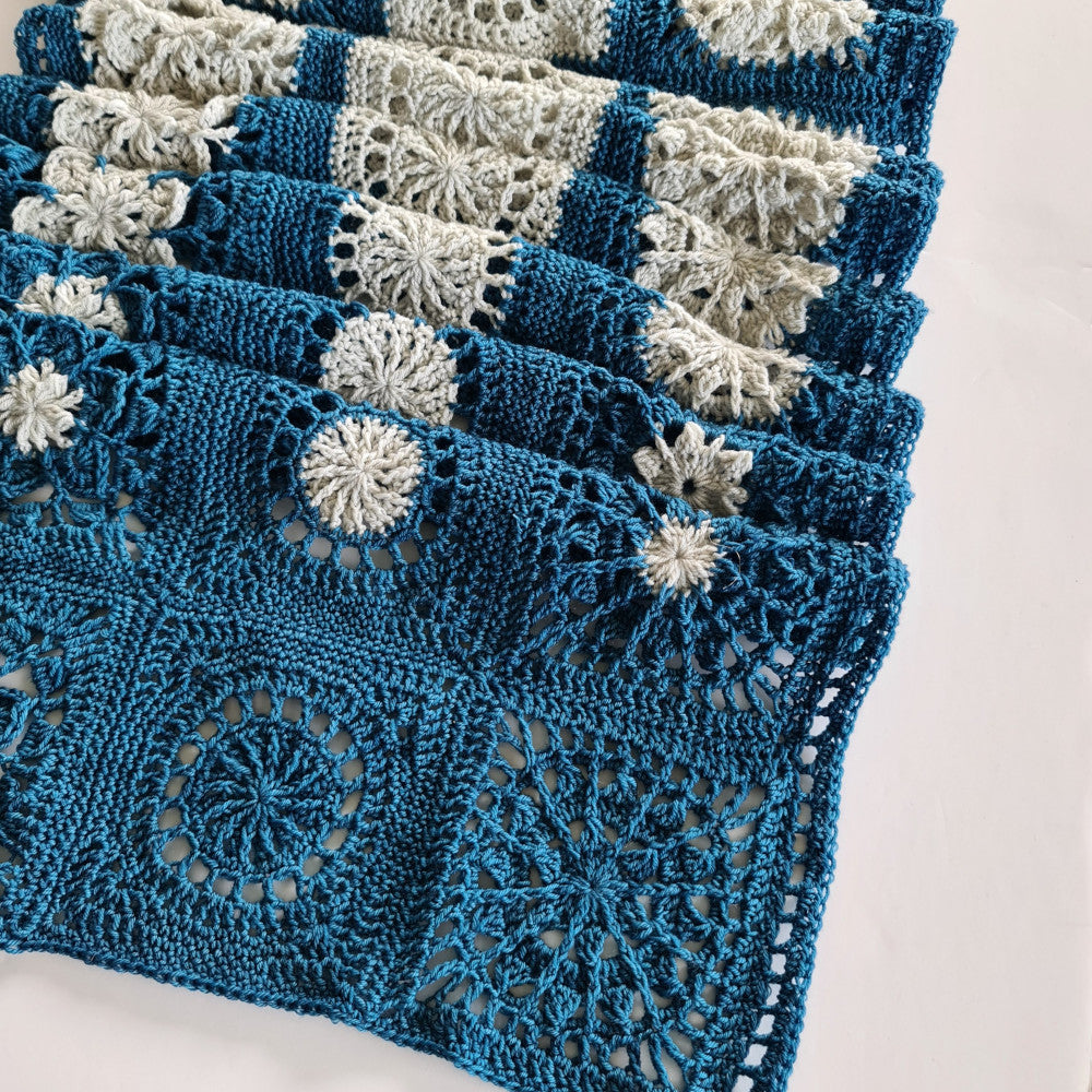 Close up of blue and white Frosty Flair Scarf Project by Shelley Husband