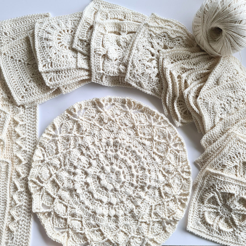 Cream granny squares in progress from Granny Square Patchwork Book by Shelley Husband