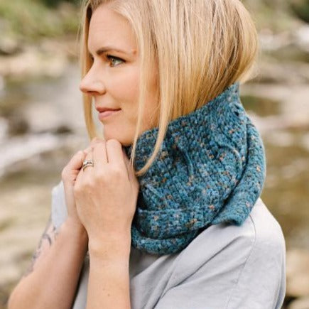 Close up of woman wearing a Hillocks scarf by Shelley Husband
