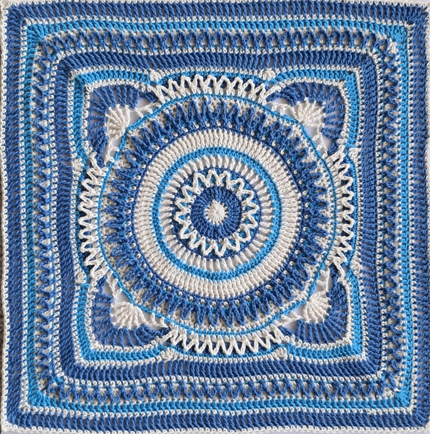 Hope large granny square in blues and white by Shelley Husband
