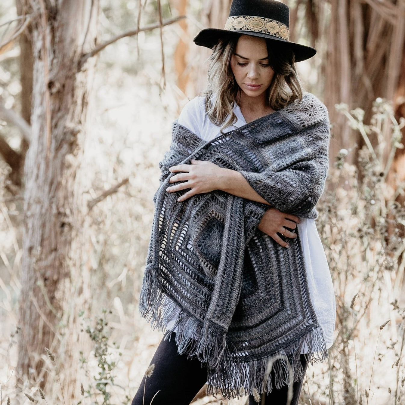 Woman wearing large scarf from Granny Square Flair by Shelley Husband