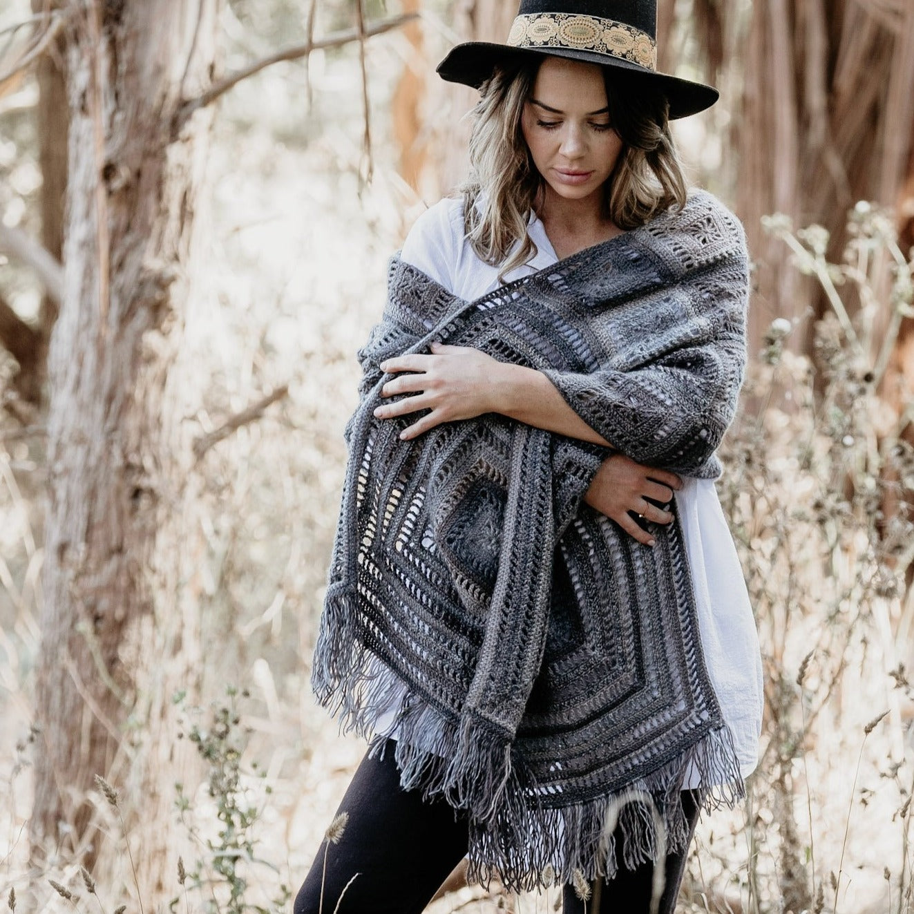 Woman wearing large scarf from Granny Square Flair by Shelley Husband