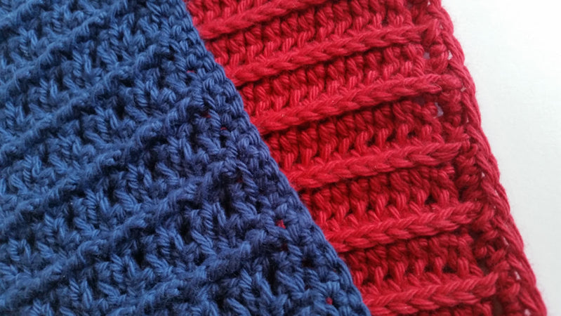 Close up of two Reversible Crochet Patterns by Shelley Husband in blue and red