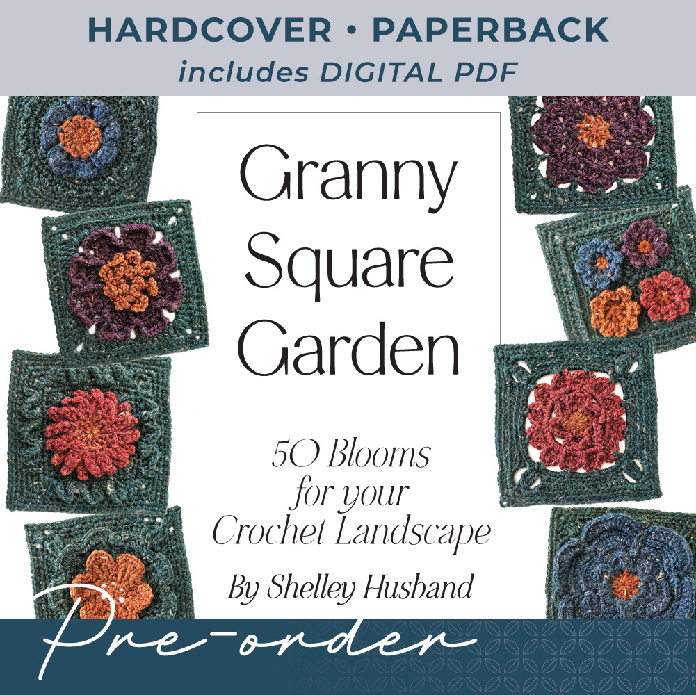 Book cover of 'Granny Square Garden' with crochet squares and text.