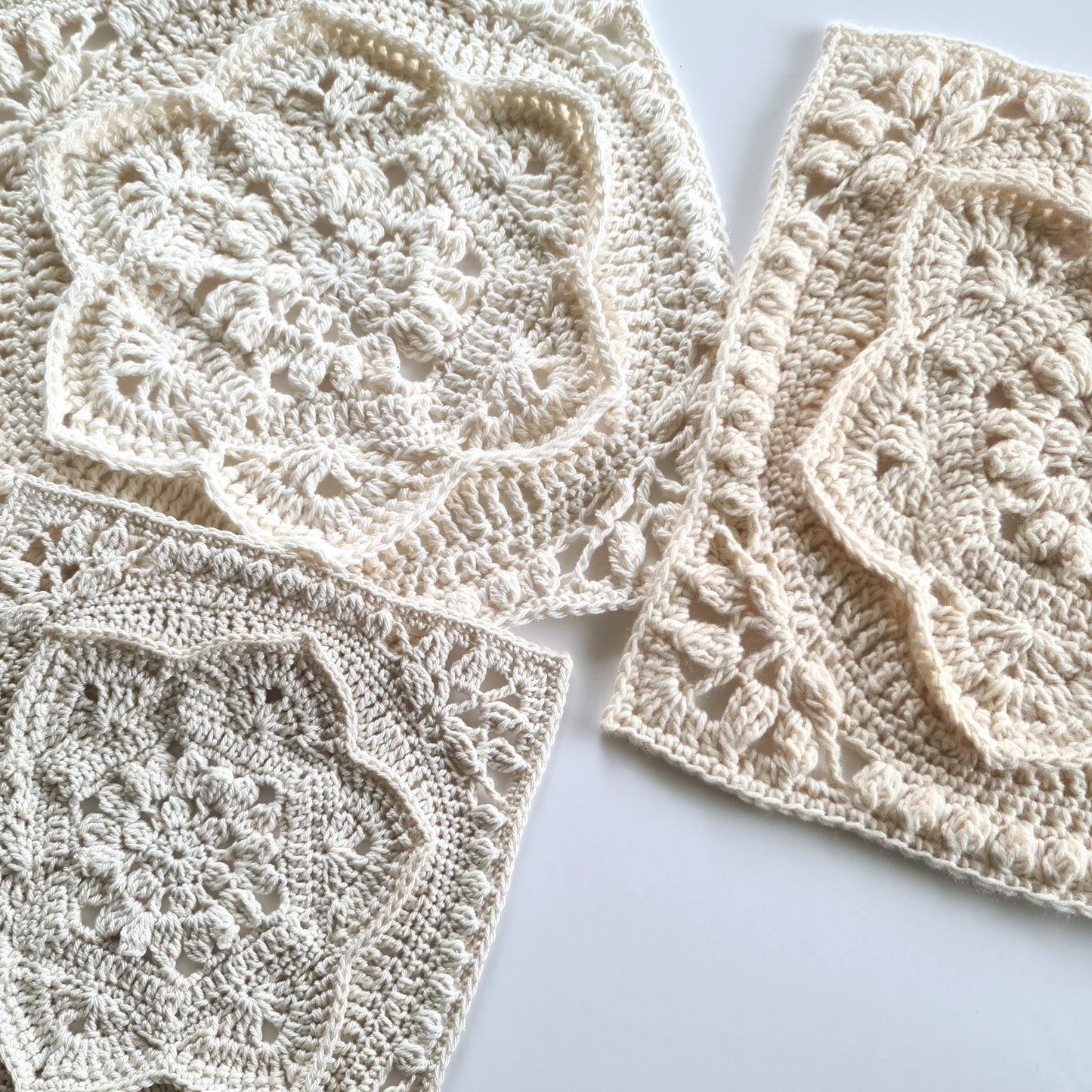 3 cream floral granny squares made with different yarns Asterales Crochet Granny Square Pattern by Shelley Husband