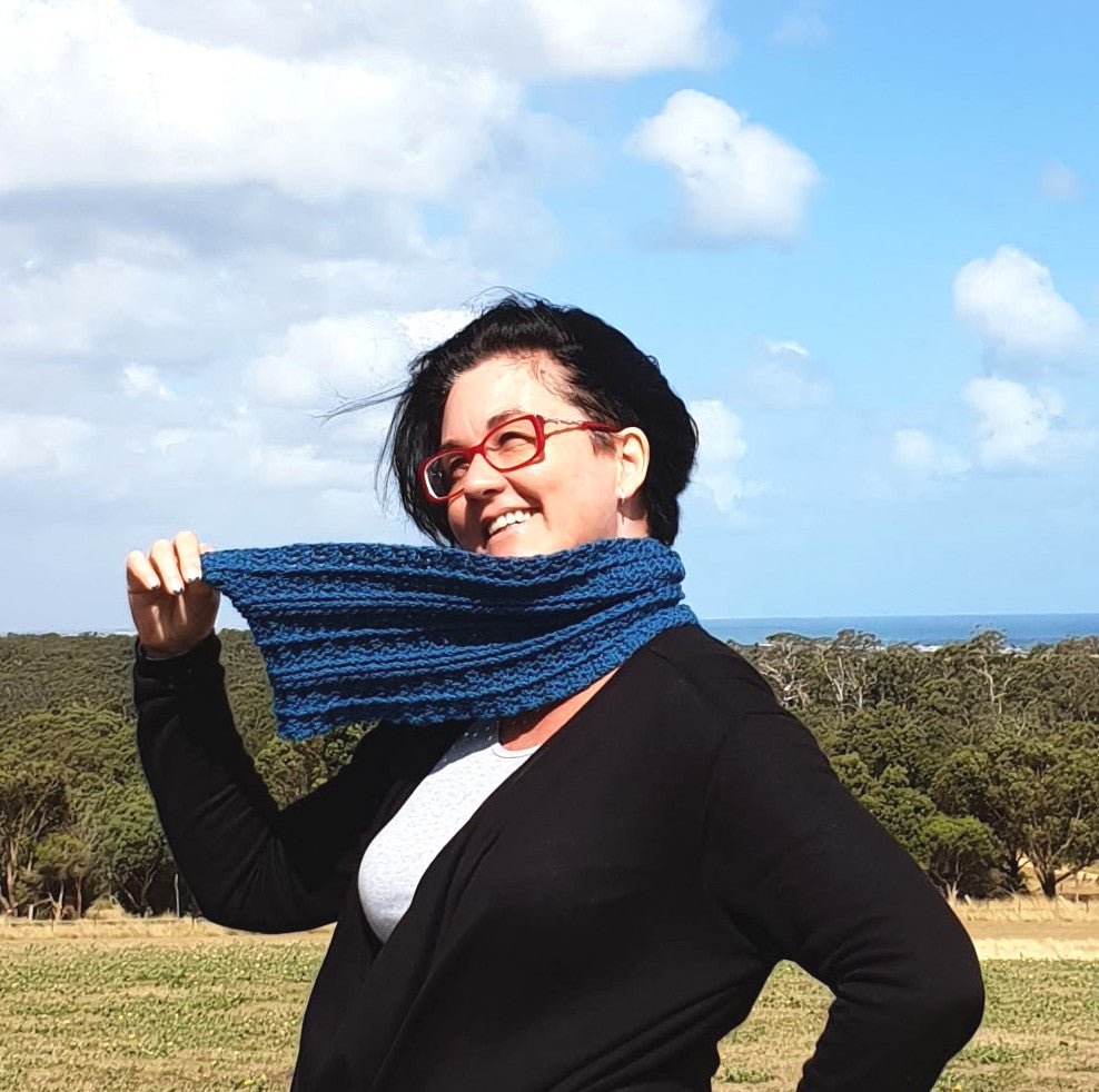 Bendigo Cowl by Shelley Husband worn by woman with dark hair