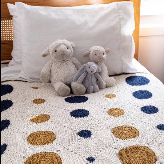 Single bed with Dotty Spotty blanket in parchment yarn with navy blue and mustard circles in rows. Two white pillows sit propped up against the bedhead with three soft toys, two white lambs and a grey bunny sitting on top of the blanket.