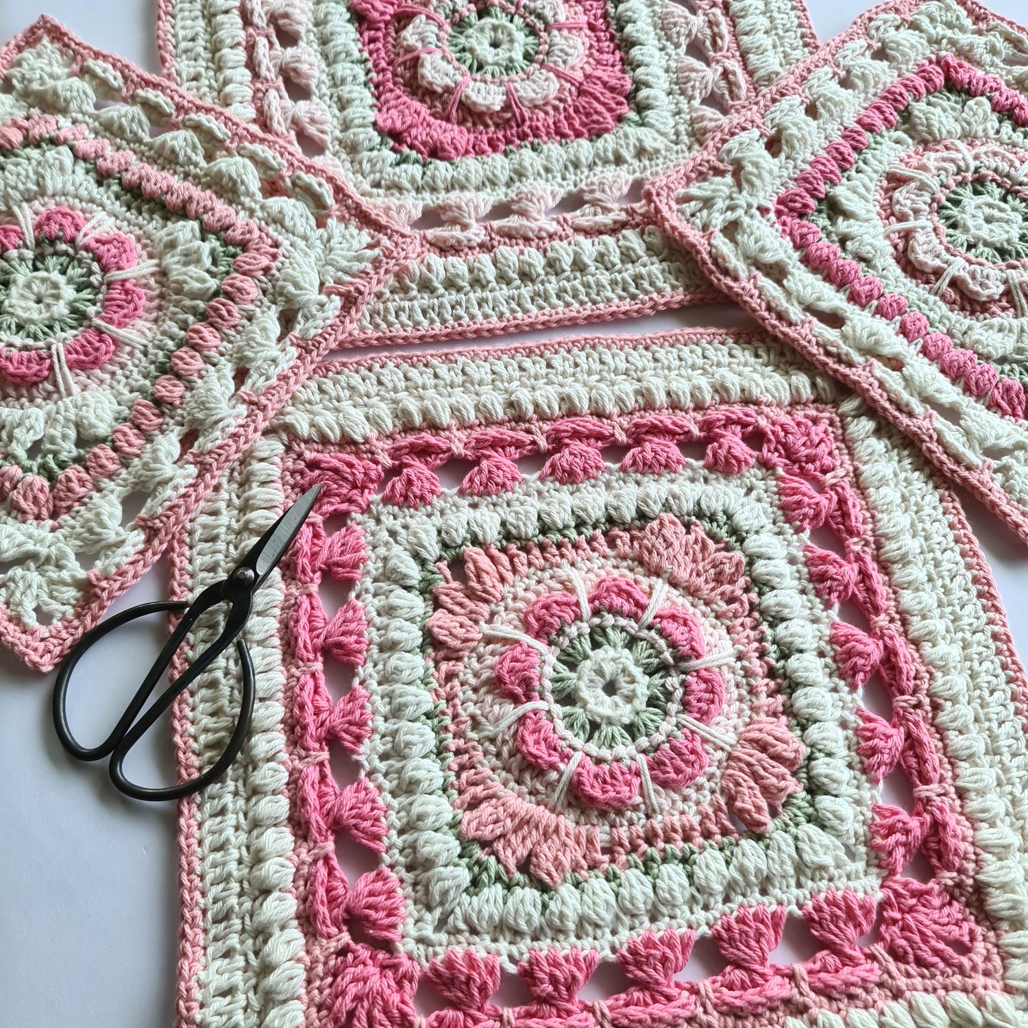 Pink and cream granny squares from Persnickety Blanket crochet pattern by Shelley Husband