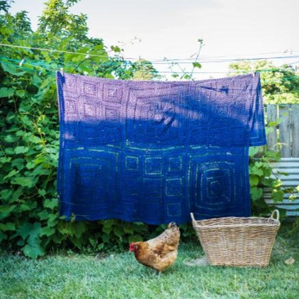 Fran Crochet Blanket Pattern by Shelley Husband on clothes line with a chicken roaming in front