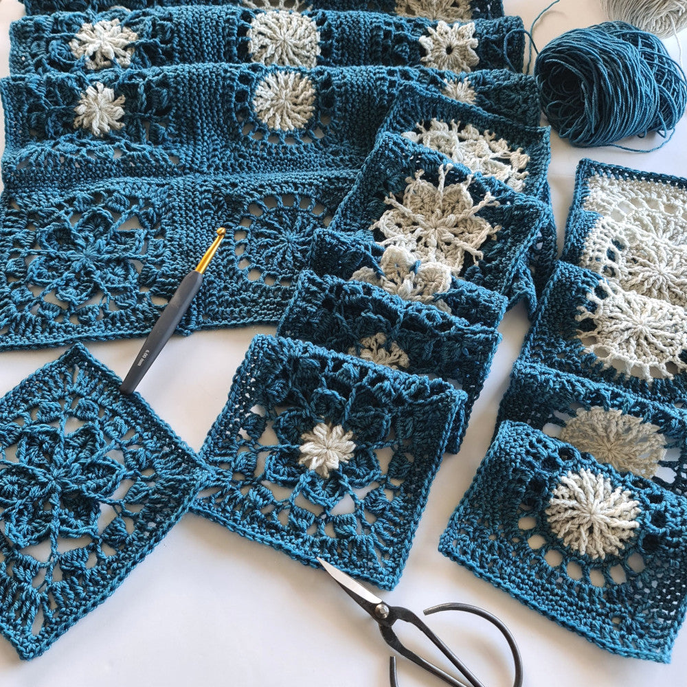 Blue and white Frosty Flair Scarf Project by Shelley Husband