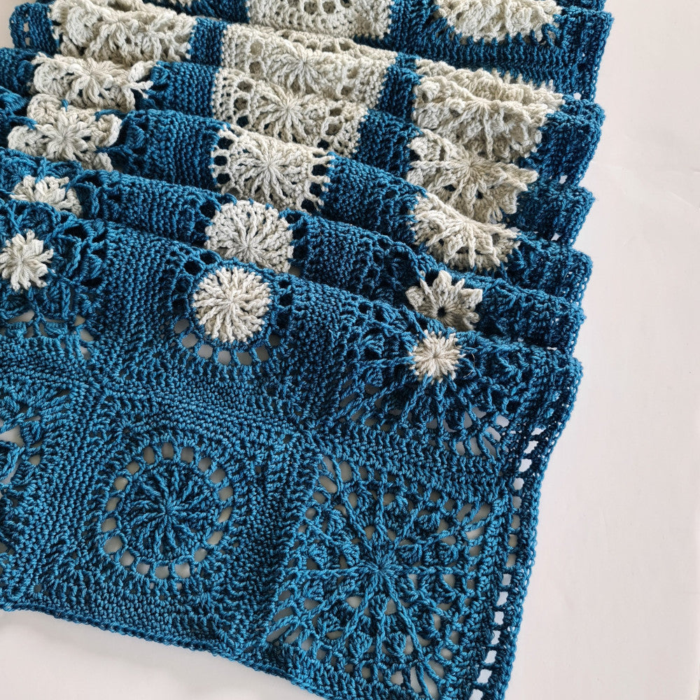 Close up of blue and white Frosty Flair Scarf Project by Shelley Husband