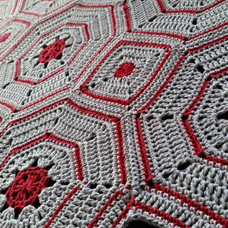Close up of Galapagos Blanket Pattern by Shelley Husband in red and grey