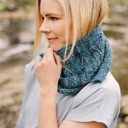 Close up of woman wearing Hillocks scarf by Shelley Husband