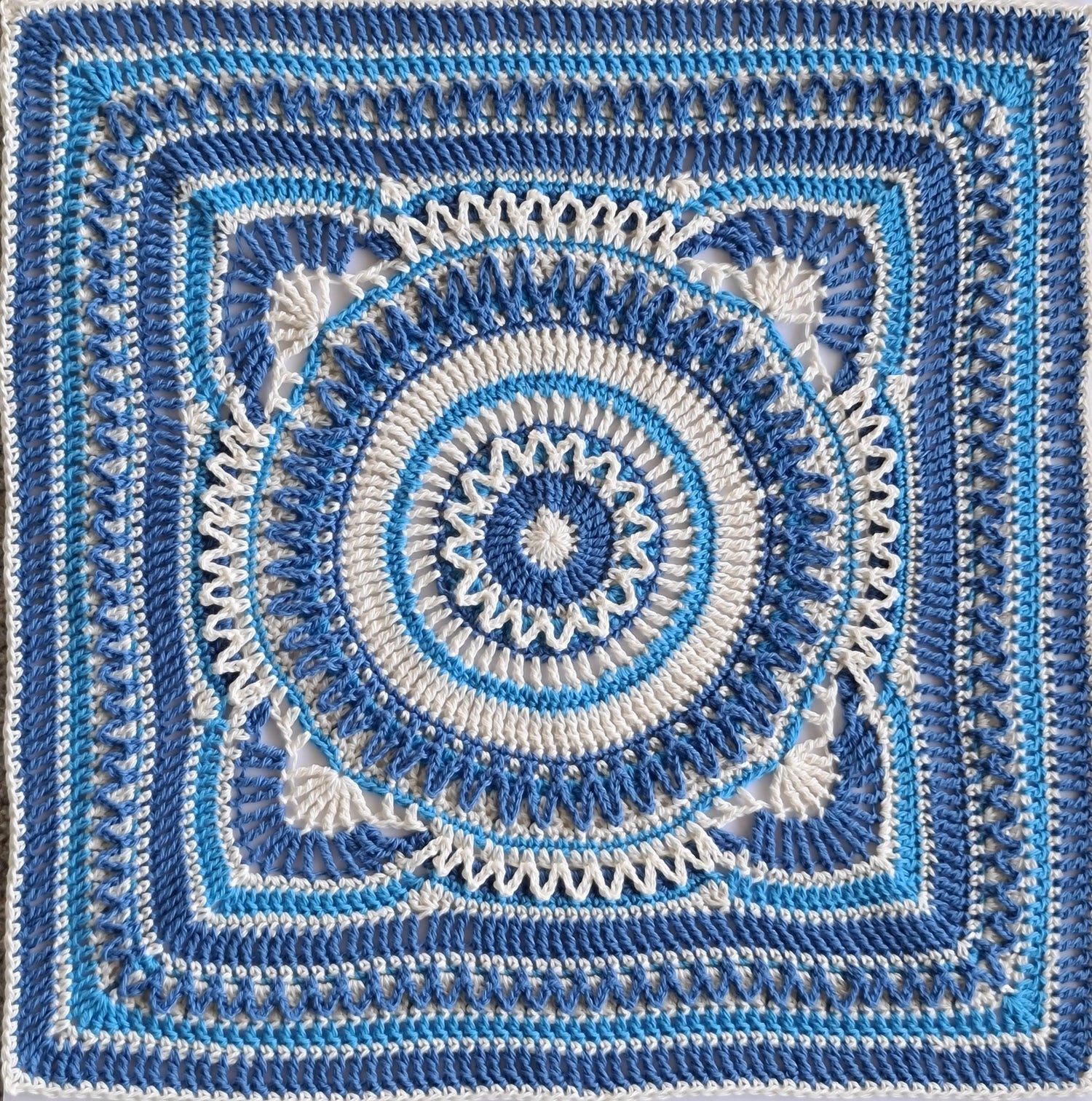 Hope large granny square in blues and white by Shelley Husband