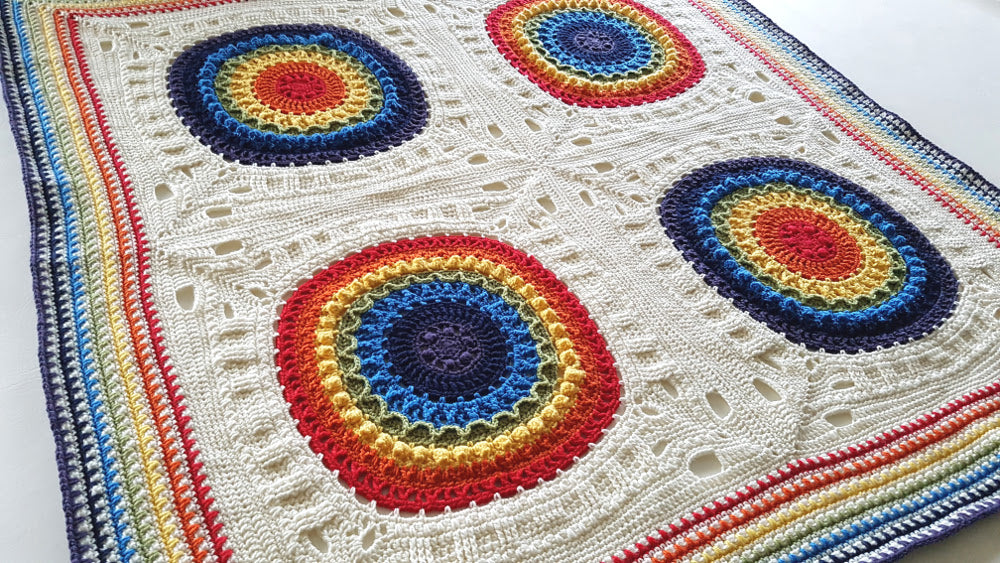 Close up of colourful Kaboom Crochet Blanket Pattern by Shelley Husband