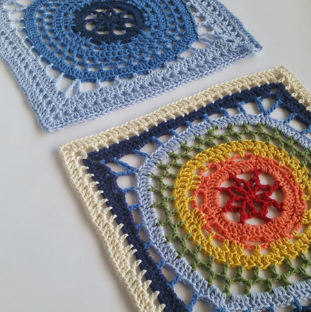 Two granny squares of Orbit granny square pattern by Shelley Husband