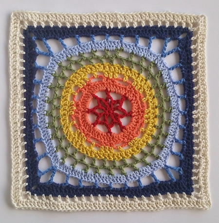 Colourful granny square of Orbit granny square pattern by Shelley Husband