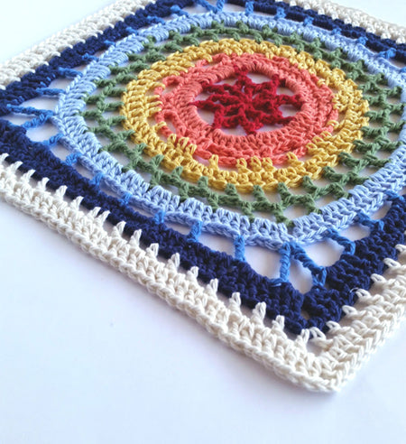 Colourful granny square of Orbit granny square pattern by Shelley Husband