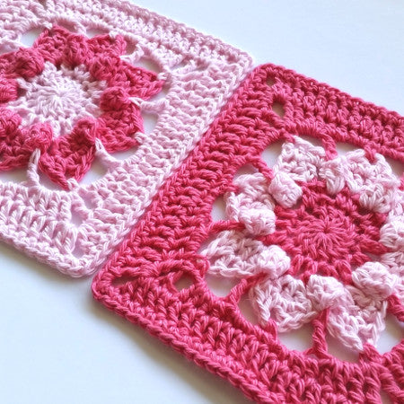 Two pink granny squares of Pinkie granny square pattern by Shelley Husband