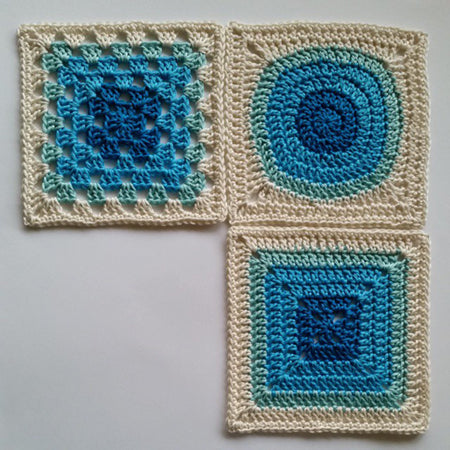 Granny squares in blues and cream from Granny Square Crochet for Beginners by Shelley Husband